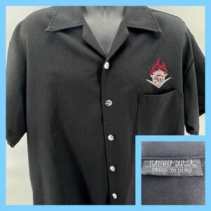 Johnny Suede Mens Short Sleeve Black Dress To Pimp Shirt Flame Cadillac Logo